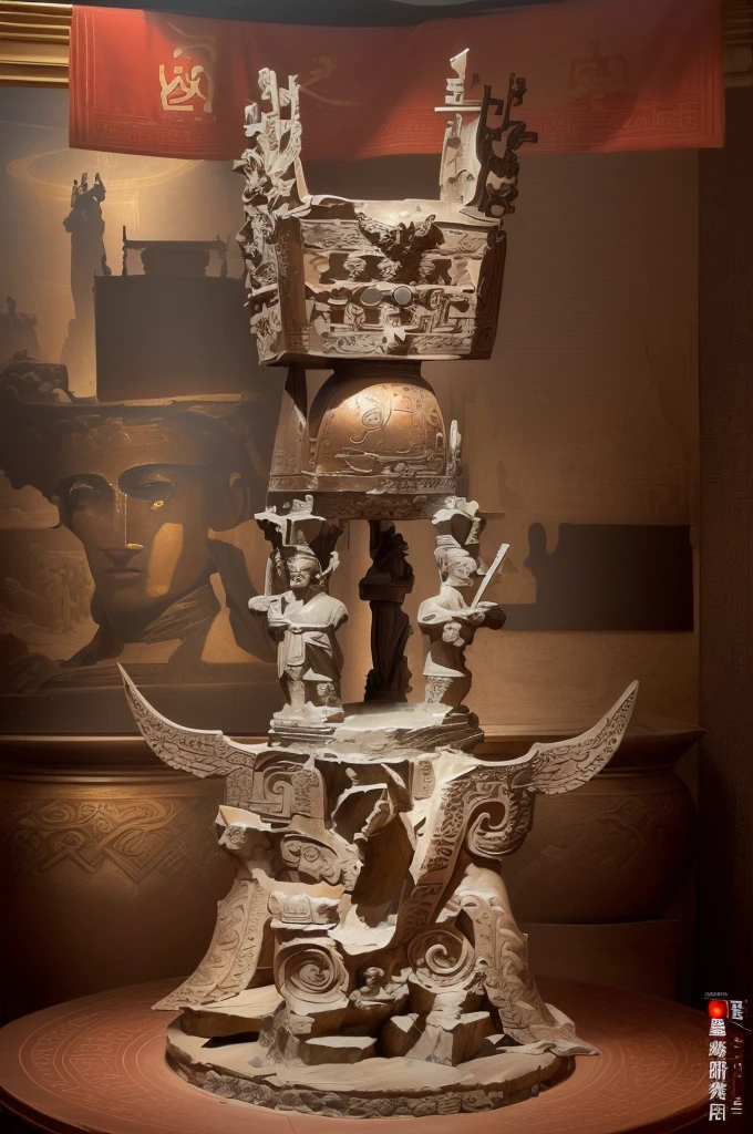 There is a statue of a man on the bronze base of Sanxingdui,There is a square tripod on it.,三星堆Bronze headdress, Dongshan Bronze Ware, Museum artifacts, Bronze headdress, Mediocrity on a pedestal, Dongshan Bronze Ware, Museum items, crown, Moon Ancient Silver Tower, Ifa, ancient", museum collection, An ancient,masterpiece,Rich details,High Definition