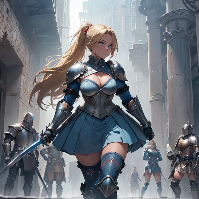 (Absurdres, master piece, best high quality image, very detailed features, very detailed textures, carefuly detailed with no deformed parts in all the artwork, not censored violence and bleeding), only solo character, full body deding, standing alone.
{{(1character: 40 years old beautiful blonde woman, (fair skin, blue eyes, blonde golden long hair tied in a high ponytail with a long crimson ribbon, voluptuous figure, holding with both hands a sword, bulky feminine armor, (full blue bulky armor plate, full chest plate, big houlder plates, belly plate, armored gauntlets, armored sleeves, steel hip plates around the skirt, long metal boots, medieval knight helmet, (under the armor she wears: grey leotard covered by a light blue combat padded bra and a light blue short skirt, light blue long leather spandex boots, light blue long sleeves and padded gloves, dark blue steel shoulderpads),  silver and red colored long sword with a red magical blade.
(City ruins during a battle between knights against samurais))}}