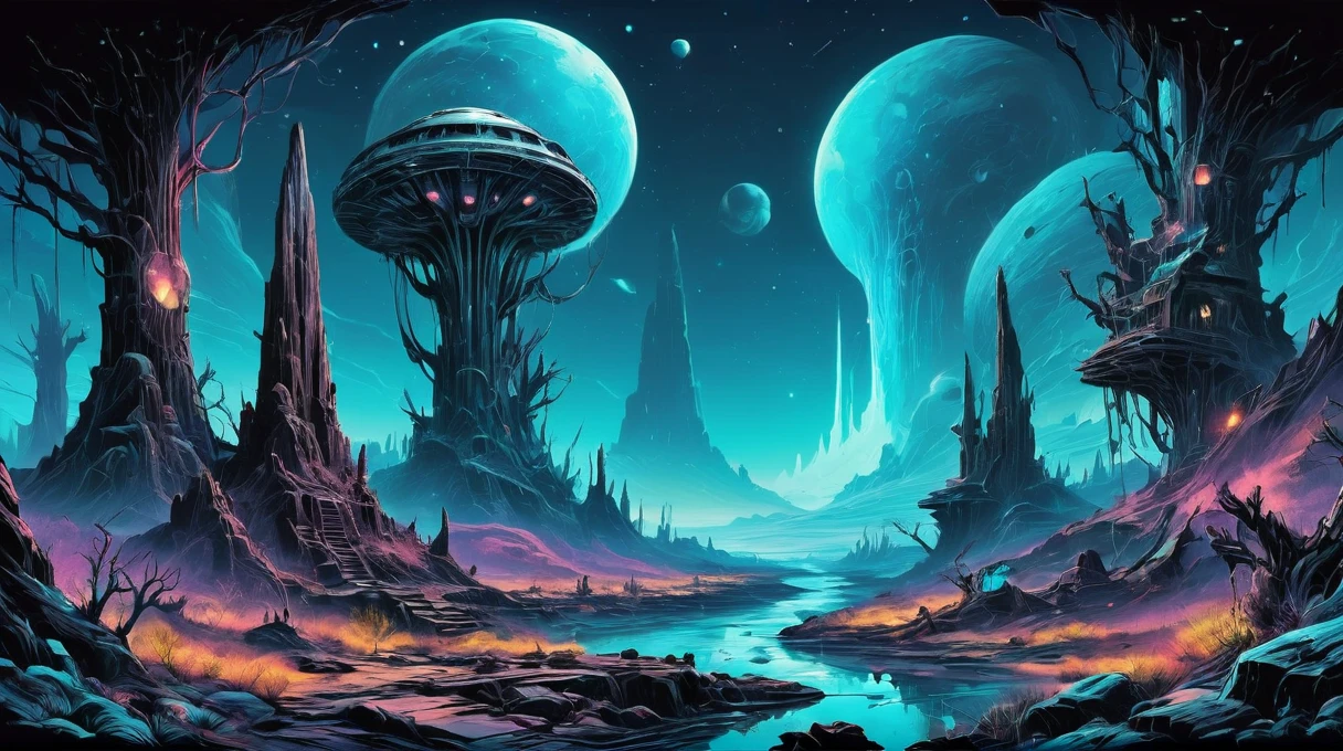 The ruins of alien civilization, The ancient petrified forest in the background seems frozen in time., Bioluminescence, T-shirt design AF, Ink punk style