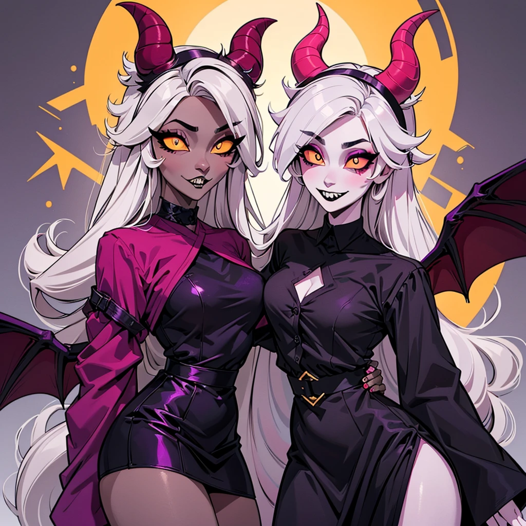 (DefaultOutfit), (black dress), (grey/gray skin, white hair, pink sclera, yellow pupils, long hair), (Lilith),(vaggie),colettetrixie, red skin, sharp teeth, hair over one eye, hairband, demon horns, colored sclera, purple shirt, purple shorts, demon wings