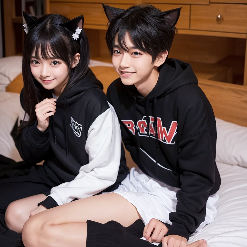 masterpiece、One Girl、black、hoodie、chuunibyou、On the bed、Cat ear、shy、smile、Gloss