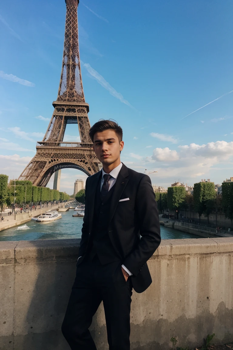 20 year old man in a suit in paris behind the eiffel tower