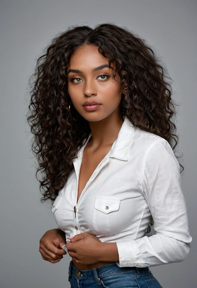 Photo from Side Perspective: Captures the woman in relation to urban elements, such as busy streets or building facades. Woman was wearing jeans, white shirt and denim jacket. Completely Arafed woman with green eyes, eyes open and head held high. Confident pose, confident pose, beautiful young black woman with dark skin, Brazilian mixed race black woman, beautiful 30 year old Afro-Latina girl, beautiful African and Latin woman, Brazilian and Angolan descent, a black woman, mixing African and indigenous features, a unique mix of indigenous, African and European ebony. The hair is extremely curly, with well-defined and voluminous curls. The natural texture. Her hair is long, falling in voluminous waves around her shoulders and down her back. The hair has a lot of volume, creating a full, dense appearance. The hair is black. green eyes, eye is green, green and expressive eyes, beautiful green eyes, realistic green eyes, detailed green eyes (eyeliner, long eyelashes). Perfect eyebrows and are thick. the nose is small and proportional, beautiful face. Attractive and irresistible mouth, well-defined lips, full lips, voluminous lips, seductive lips. The face is oval, with high cheekbones and a well-defined chin, a beautiful and detailed face. Professional, dramatic makeup, a more impactful look with shadows that accentuate the captivating look, Striking makeup, with eyeliner, black lipstick. Skin tone: Olive skin, healthy and with uniform shine, with olive skin, dark skin, sexy girl with skin brunette, detailed skin texture, beautiful and glowing skin, intricate details, smooth skin, healthy and radiant appearance. A woman has a well-defined and athletic body. Her silhouette is shapely, highlighting a thin waist in contrast to fuller hips and bust. She has a prominent bust, with large, firm breasts, silicone breasts, voluminous breasts. Thin waist. The hips are wide and well-defined, with a pronounced hourglass shape and a large butt. The legs are long and muscular, with