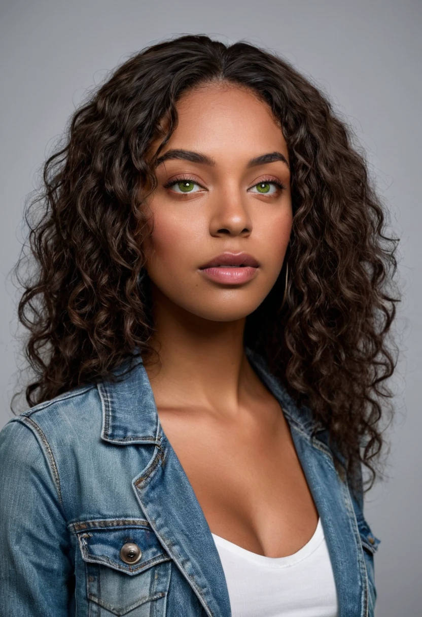 Photo from Side Perspective: Captures the woman in relation to urban elements, such as busy streets or building facades. Woman was wearing jeans, white shirt and denim jacket. Completely Arafed woman with green eyes, eyes open and head held high. Confident pose, confident pose, beautiful young black woman with dark skin, Brazilian mixed race black woman, beautiful 30 year old Afro-Latina girl, beautiful African and Latin woman, Brazilian and Angolan descent, a black woman, mixing African and indigenous features, a unique mix of indigenous, African and European ebony. The hair is extremely curly, with well-defined and voluminous curls. The natural texture. Her hair is long, falling in voluminous waves around her shoulders and down her back. The hair has a lot of volume, creating a full, dense appearance. The hair is black. green eyes, eye is green, green and expressive eyes, beautiful green eyes, realistic green eyes, detailed green eyes (eyeliner, long eyelashes). Perfect eyebrows and are thick. the nose is small and proportional, beautiful face. Attractive and irresistible mouth, well-defined lips, full lips, voluminous lips, seductive lips. The face is oval, with high cheekbones and a well-defined chin, a beautiful and detailed face. Professional, dramatic makeup, a more impactful look with shadows that accentuate the captivating look, Striking makeup, with eyeliner, black lipstick. Skin tone: Olive skin, healthy and with uniform shine, with olive skin, dark skin, sexy girl with skin brunette, detailed skin texture, beautiful and glowing skin, intricate details, smooth skin, healthy and radiant appearance. A woman has a well-defined and athletic body. Her silhouette is shapely, highlighting a thin waist in contrast to fuller hips and bust. She has a prominent bust, with large, firm breasts, silicone breasts, voluminous breasts. Thin waist. The hips are wide and well-defined, with a pronounced hourglass shape and a large butt. The legs are long and muscular, with