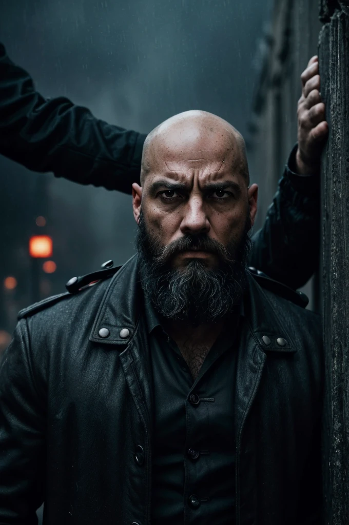 civil war battle field during battle civil war times, bald man, scruffy black beard, colbey: civil war clothes, (intensely focused gaze, piercing eyes) (detailed facial features, defined nose and lips) (Threatening atmosphere) (dark shadows and dramatic lighting) (hight contrast:1.1) (gritty texture) (intense and suspenseful:1.1) (full of action) (dynamic composition) (cinematic vibe) (Shallow depth of field) (dramatic bokeh) (film noir style) (dark, moody color palette) (captivating and mysterious) (night setting) (Urban setting) (rain-soaked streets) (Tense and suspenseful atmosphere:1.1) (impacto emocional) (intense narrative) (provocative and thought-provoking) (impressive and impactful) (work of art:1.2), (high resolution:4K), (realisitic:1.37), (proffesional)(scene two men ducked behind a wall bald head, scruffy black beard