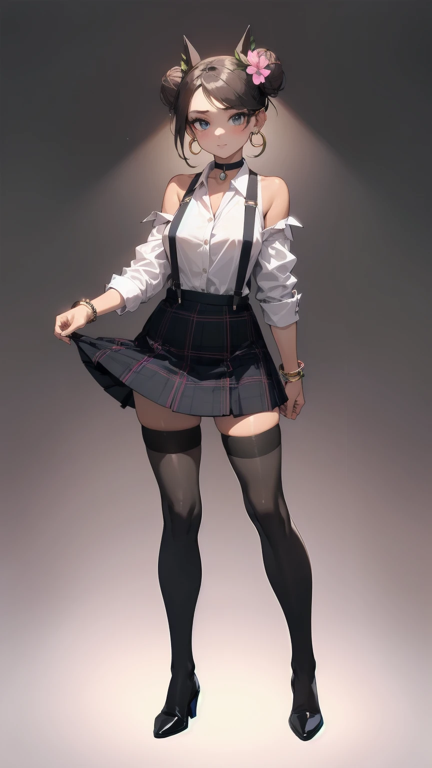 1 girl, looking directly at viewer, business attire, tan skin, top showing skin, big circle earrings, choker, skirt, shirt, thighhighs, jewelry, earrings, thighhighs, bracelet, plaid, makeup, suspenders, suspender skirt, highly detailed, bare shoulders, natural lighting, full body view, standing still, bright colors, hair styled as flower bun