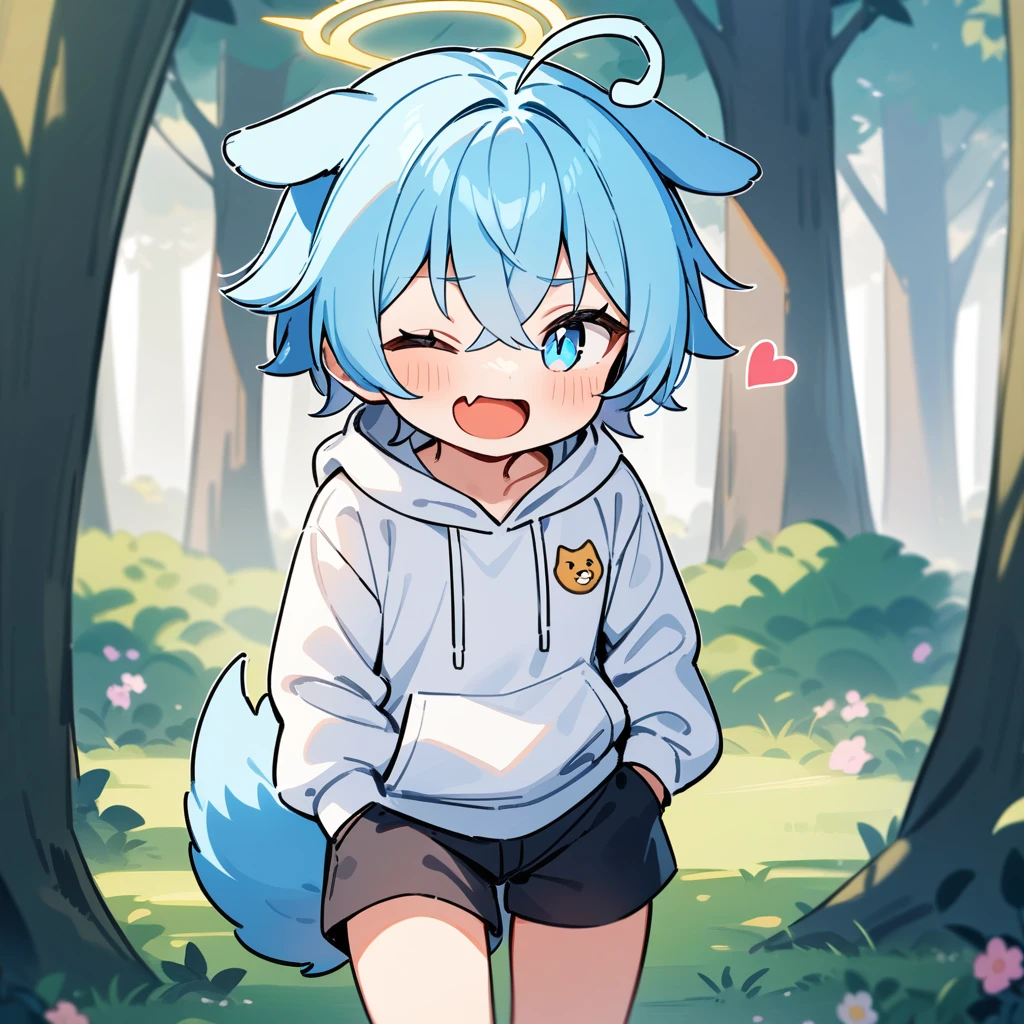 (masterpiece:1.2,high quality),4K,High resolution,A seven-year-old boy,cute boy, light blue hair,short hair,crossed bangs,light blue eyes,slit pupils,one eye closed,heart ahoge,yellow halo,cat ears,laughing,skin fang,Wearing a white hoodie,Black shorts,Stand in the forest,There are flowering trees on both sides.,primary school student,thigh,alone,dog tail,(Put your hands in your pockets),((Put your hands in your pockets))