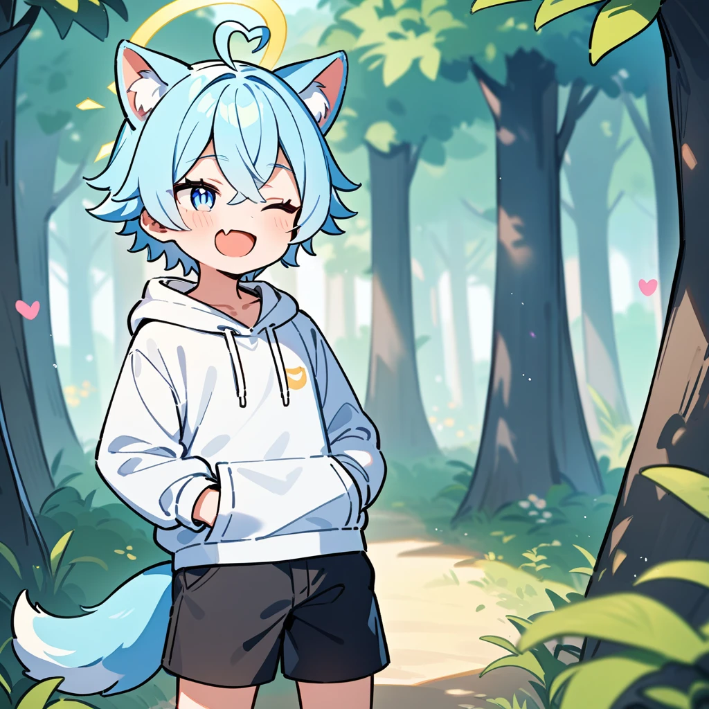 (masterpiece:1.2,high quality),4K,High resolution,A seven-year-old boy,cute boy, light blue hair,short hair,crossed bangs,light blue eyes,slit pupils,one eye closed,heart ahoge,yellow halo,cat ears,laughing,skin fang,Wearing a white hoodie,Black shorts,Stand in the forest,There are flowering trees on both sides.,primary school student,thigh,alone,dog tail,(Put your hands in your pockets),((Put your hands in your pockets))