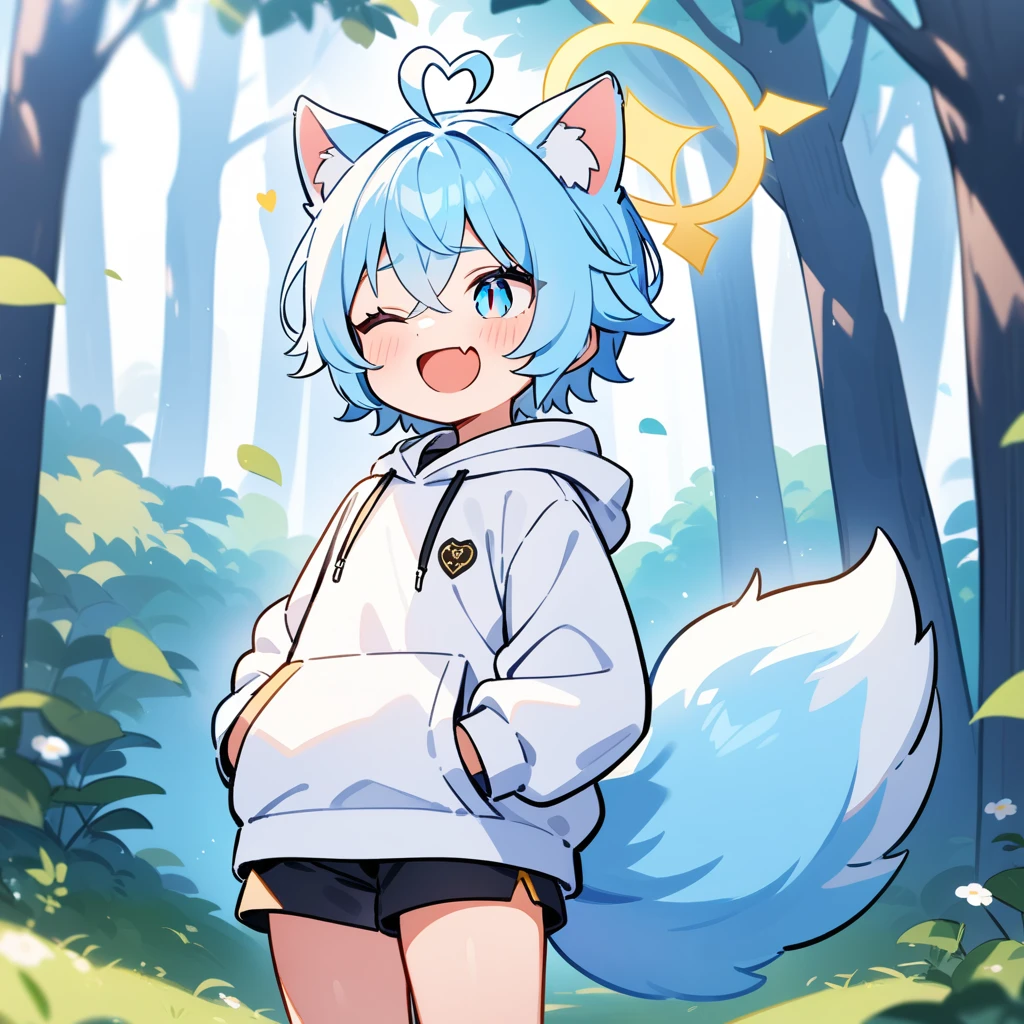 (masterpiece:1.2,high quality),4K,High resolution,A seven-year-old boy,cute boy, light blue hair,short hair,crossed bangs,light blue eyes,slit pupils,one eye closed,heart ahoge,yellow halo,cat ears,laughing,skin fang,Wearing a white hoodie,Black shorts,Stand in the forest,There are flowering trees on both sides.,primary school student,thigh,alone,dog tail,(Put your hands in your pockets),((Put your hands in your pockets))