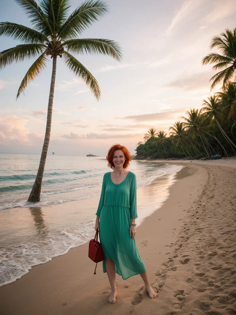 RAW PHOTO, her name is Mia, high quality, 1 old woman, ((40-year-old guitar shaped body irish woman)), (((40 years old))), ((guitar shaped body)), wide hips, (wrinkled body), (old body), (((red hair))), (pale skin), ((green eyes)), she is wearing a stylish fashionable millennial clothing (different colors), happy, smiling POSE: standing, BREAK, BACKGROUND: outdoor: tropical beach at dawn, pastel sky, gentle waves, soft light, seashells, palm trees, boats