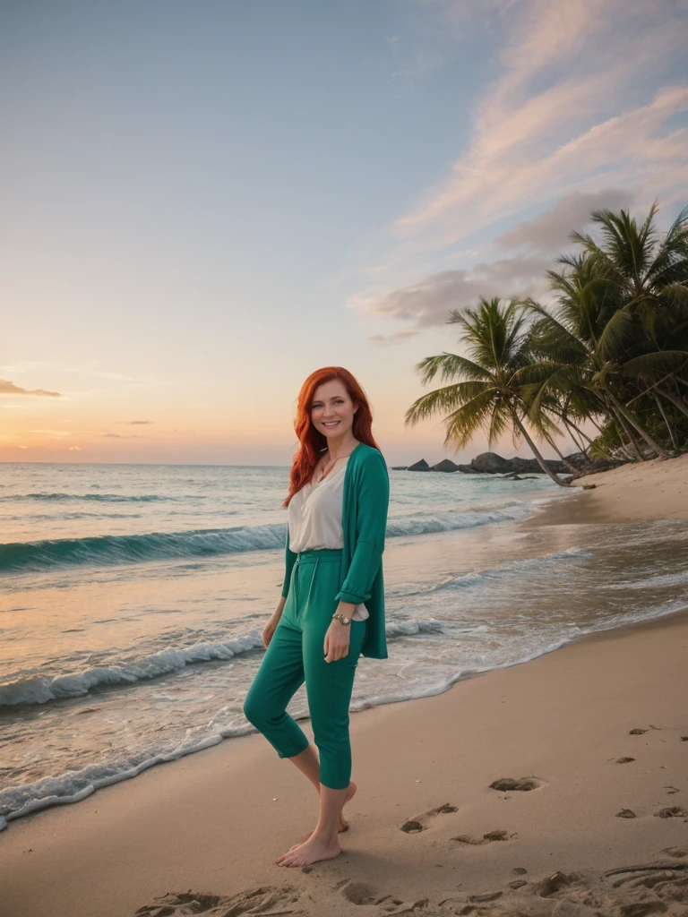 RAW PHOTO, her name is Mia, high quality, 1 old woman, ((40-year-old guitar shaped body irish woman)), (((40 years old))), ((guitar shaped body)), wide hips, (wrinkled body), (old body), (((red hair))), (pale skin), ((green eyes)), she is wearing a stylish fashionable millennial clothing (different colors), happy, smiling POSE: standing, BREAK, BACKGROUND: outdoor: tropical beach at dawn, pastel sky, gentle waves, soft light, seashells, palm trees, boats