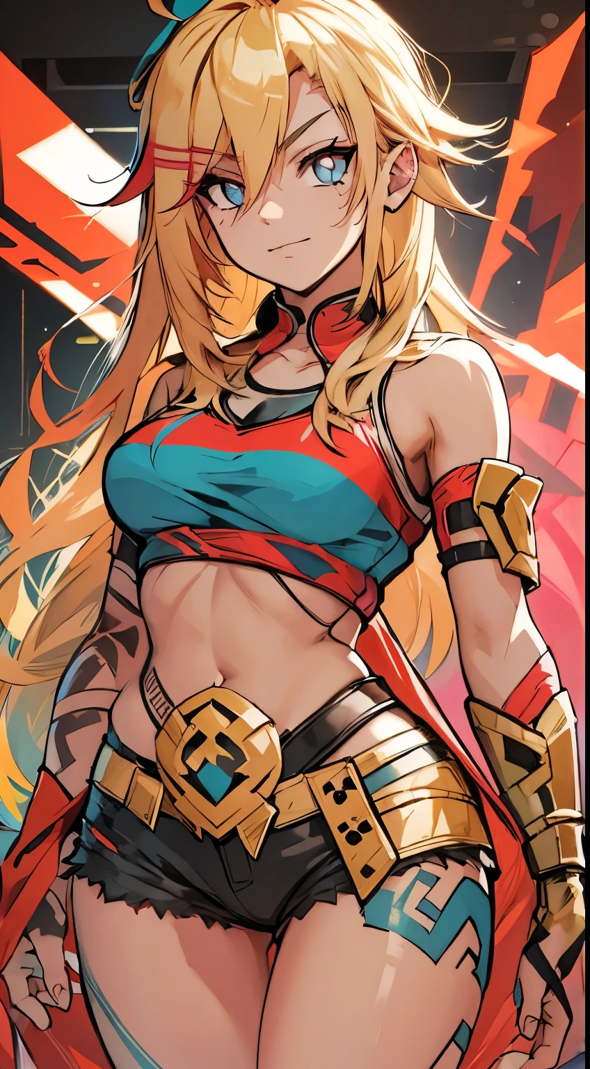 young girl,  ultrs long blonde hair, Hairpin with a bundle, turquoise eyes, Yakuza tattoos, red tight uniform, Sleeveless, Wide neckline on the chest to the abdomen, Gold Elements, Red gold armor, Shorts, claws, smirk, Masterpiece, hiquality, 4k, HD, Good detail