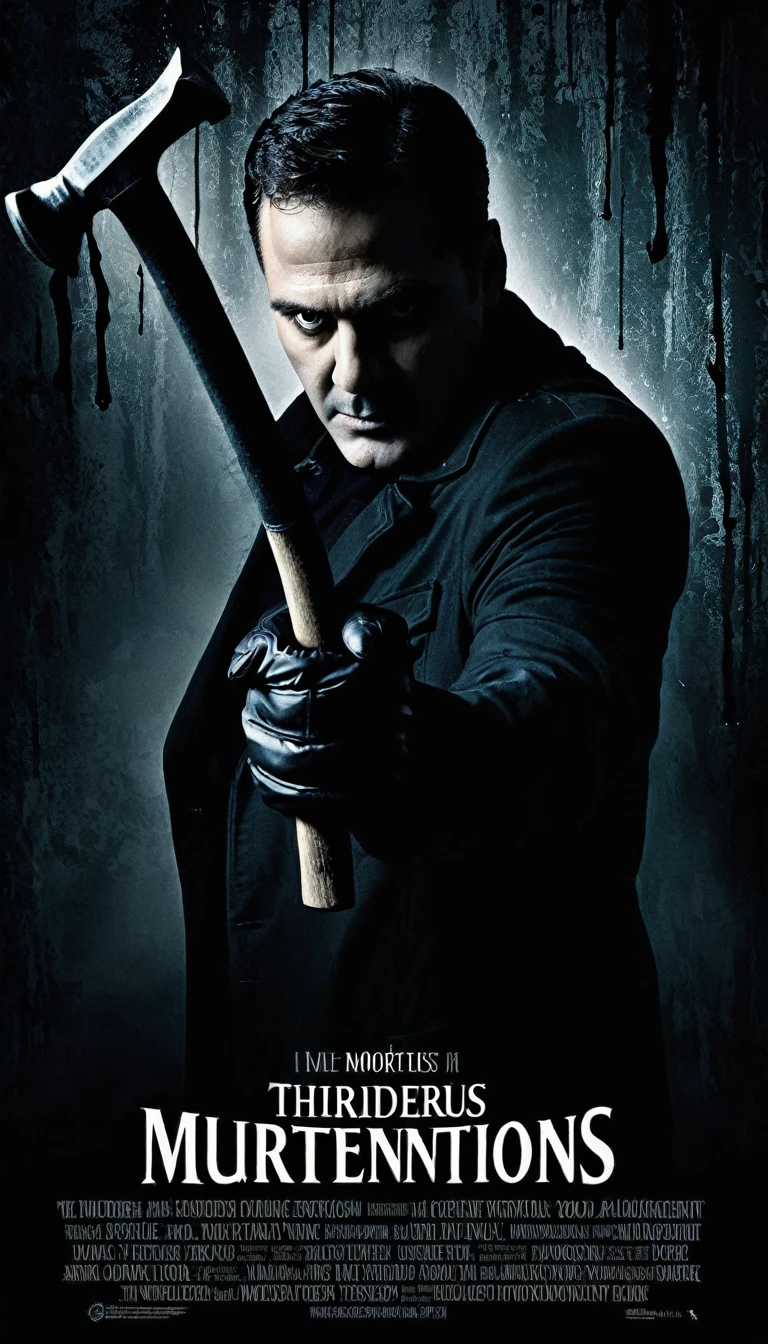 Create a thriller-style poster titled 'MURDEROUS INTENTIONS.' Feature a menacing atmosphere with elements suggesting dark motives. Highlight a central focus on a black gloved hand holding a hammer, symbolizing danger. Ensure the hammer is prominently displayed in the hand, conveying a sense of imminent threat. Surround the hand with subtle hints of mystery and suspense. Use a dark, eerie background with shadows to enhance the thriller theme. The title 'MURDEROUS INTENTIONS' should be bold and prominent, fitting the overall tone of the poster