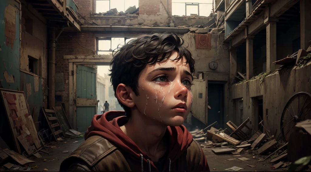 crying boy holding a wallet full of money