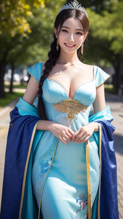 ancient chinese costumeを着て, ((Beautiful fantasy queen)), ancient Chinese Princess, Chinese style, Chinese traditional clothing, ancient chinese costume, Beautiful fantasy queen, Chinese Princess, 伝統的なbeauty,smile,, (8k, RAW Photos, Highest quality, masterpiece:1.2),(Realistic, photo-Realistic:1.37),whole body、Highest quality, Realistic, finely, High resolution, 8kの壁紙, Perfect dynamic composition, finelyて美しい目, Medium Hair, Big and ample breasts, Sexy pose,、smile、30 years old、(Droopy Eyes 1.4)、beauty、smile、whole bodyの姿、Hair tied up、smile、Sexy pose、smile、Race、whole body、Touching my chest with my hands. I'm cumming.、