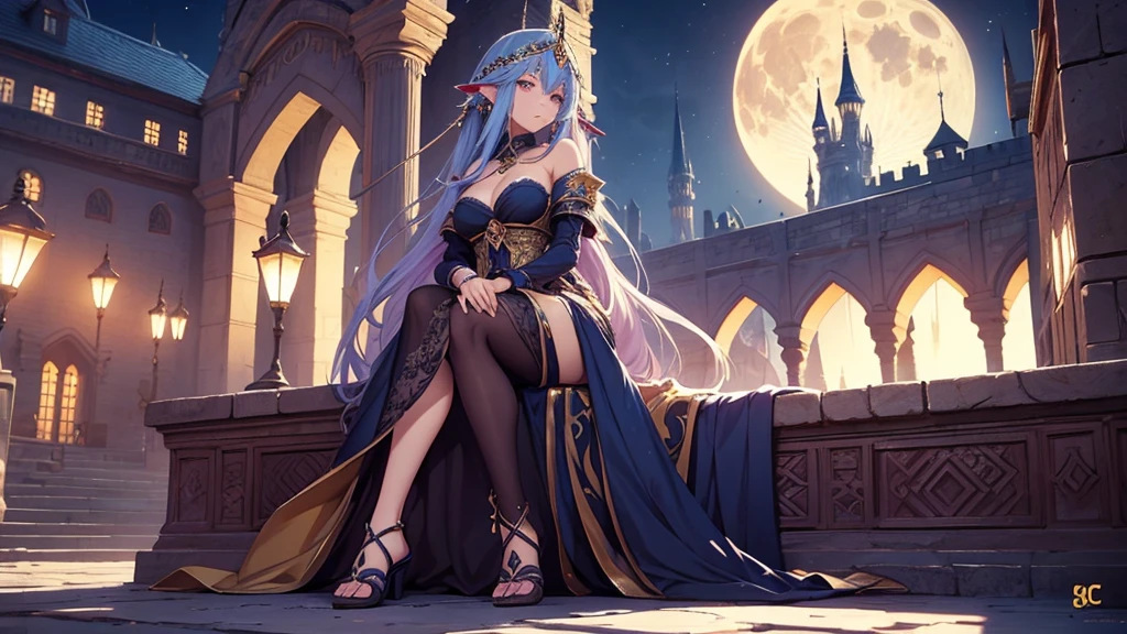 Arabic style portrait of a woman sitting on a bench in front of a castle, night、full moon、neon、Beautiful fantasy anime, Detailed fantasy digital animation, Fantasy anime style, epic Fantasy anime style hd, Detailed fantasy anime, Beautiful and elegant elven queen, 2. 5d cgi anime fantasy artwork, Epic fantasy digital art style, Fantasy-style anime, Very beautiful fantasy art、16：9