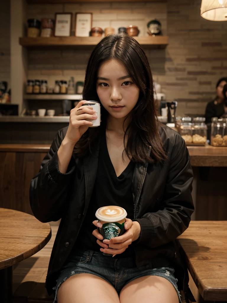 Masterpiece, best image,korean,1guy,Starbucks,dating,holding coffee,,seating,Wearing black jacket
