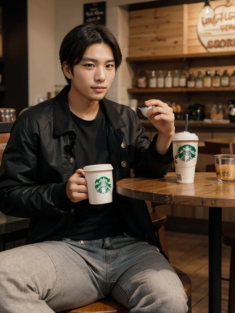 Masterpiece, best image,korean,1guy,Starbucks,dating,holding coffee,,seating,Wearing black jacket