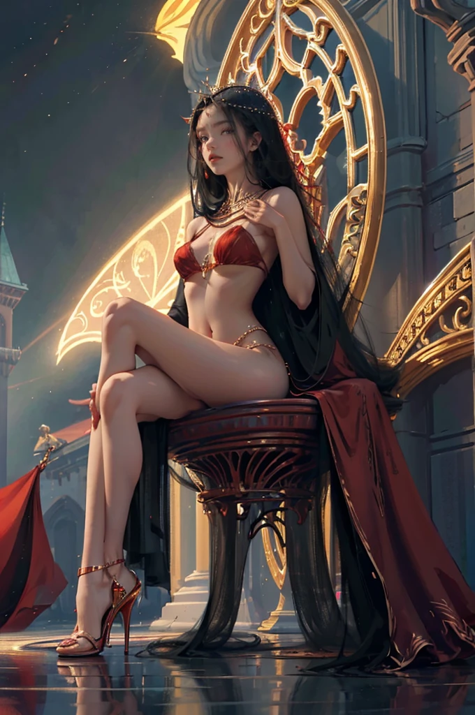 ((aeolian)), 1 girl, beautiful face, Princess, (wearing a red gown with no underwear), very long black hair, slim body with long legs, shiny skin, castle background, wearing high heels, full body view, sitting on throne with legs pulled up against her chest