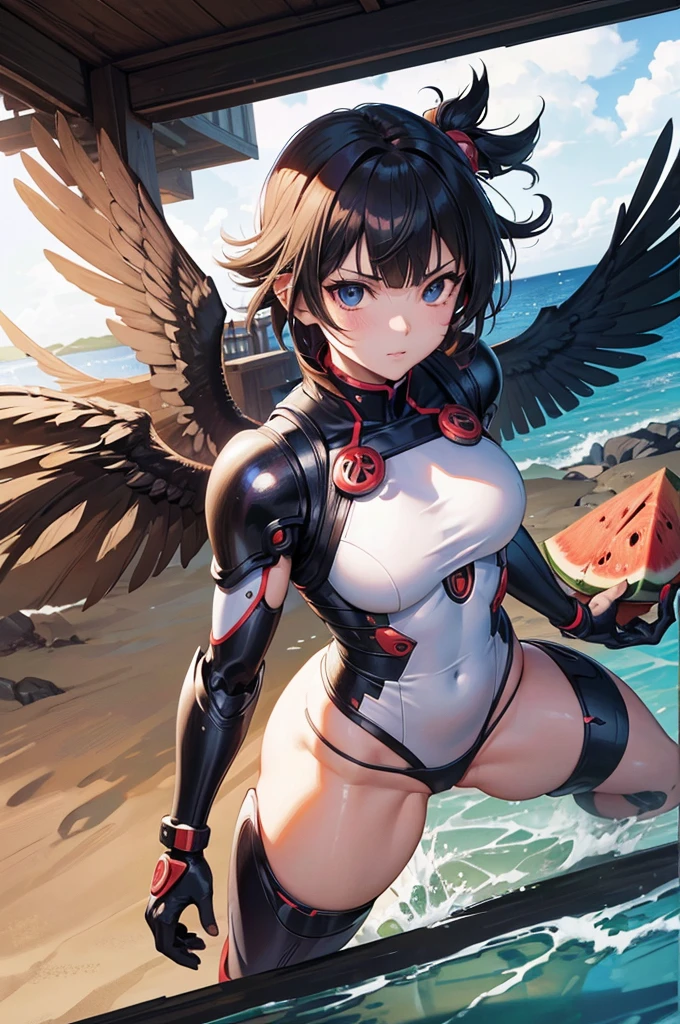 masterpiece, best quality, ultra detailed, 4K, no bad anatomy and fingers, a cyborg girl playing a watermelon splitting game on the beach, cyborg girl in a combat plug suit with mechanical wings, medium short hair with straight bangs, glowing beautiful skin and eyes, background of a beautiful Yanbaru beach, sunny, Yanbaru rail bird, action painting style, thick lines, dynamic composition, Masashi Kishimoto, Hirohiko Araki