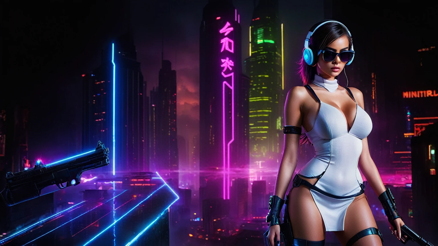 dark futuristic landscape, at night, neon lights, Atmospheric fog, large buildings in the background, futuristic city, streets with open shops, skyscraper (postapocalyptic city:1.3). (((1girl, solo, alone))), large-breast:1.2 slim body, cleavage:1.1, sexy miniskirt, (((headphone, black sunglasses, standing and holding pistol pose))), (((half-body thigh level medium shot))), cinematic lighting, lens flare, ray tracing.