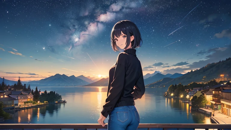 (((night))), mountain ranges in the background, Lake in front of the mountains, An ancient city sparkles across the lake, Cute anime in the foreground20There is a woman in her late twenties, Black short hair, ((knit、jeans))seems cold、The girl looks at this town by the lake、smile、happy、beautiful