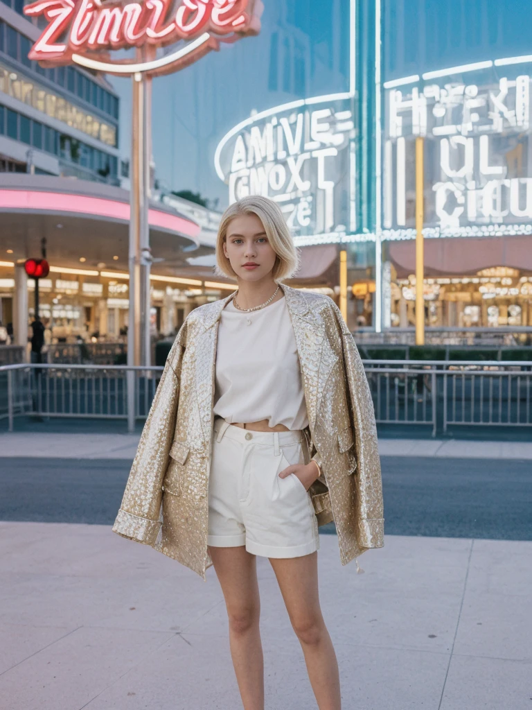 her name is Amelie, high quality, 1girl, ((20-year-old fit Caucasian woman)), ((20 years old)), ((SLIM)), ((short blonde hair)), pose: standing, wearing stylish Generation-Z modern wear pastel colored, BACKGROUND: On the Strip, with its dazzling lights, bustling casinos, and extravagant hotels.