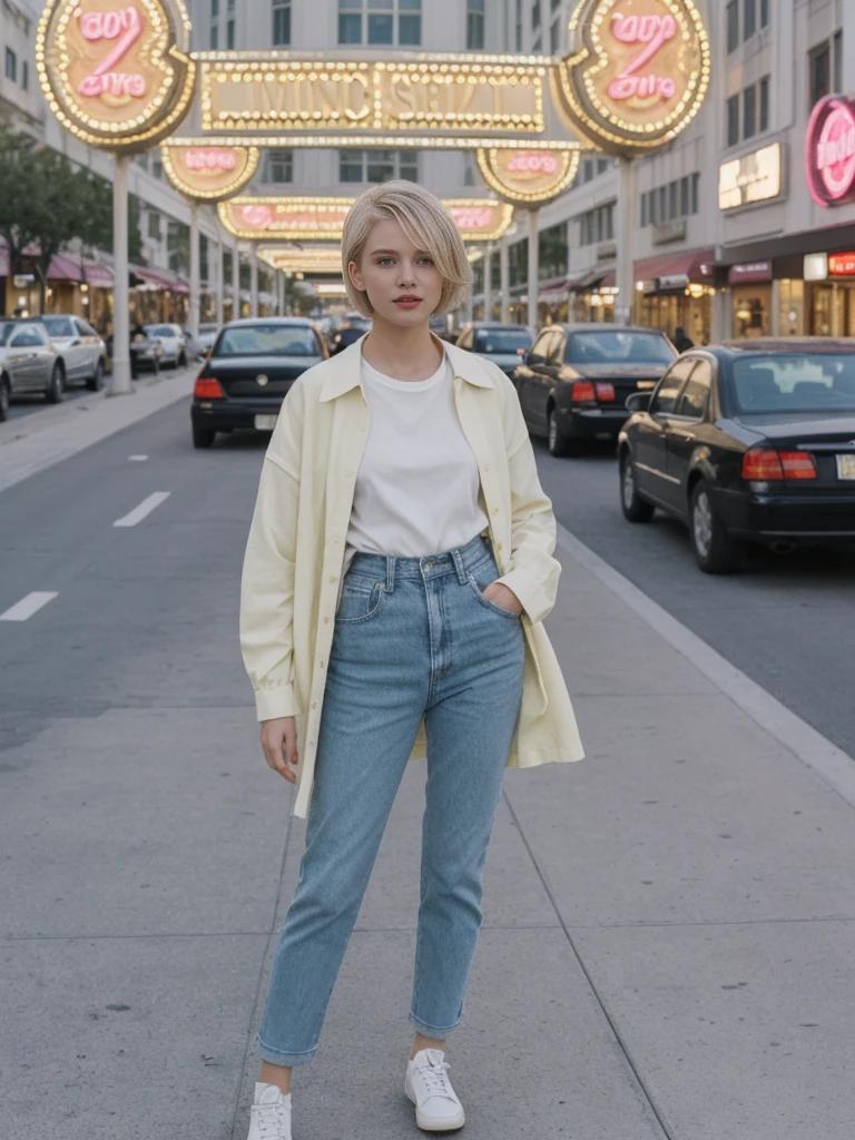 her name is Amelie, high quality, 1girl, ((20-year-old fit Caucasian woman)), ((20 years old)), ((SLIM)), ((short blonde hair)), pose: standing, wearing stylish Generation-Z modern wear pastel colored, BACKGROUND: On the Strip, with its dazzling lights, bustling casinos, and extravagant hotels.