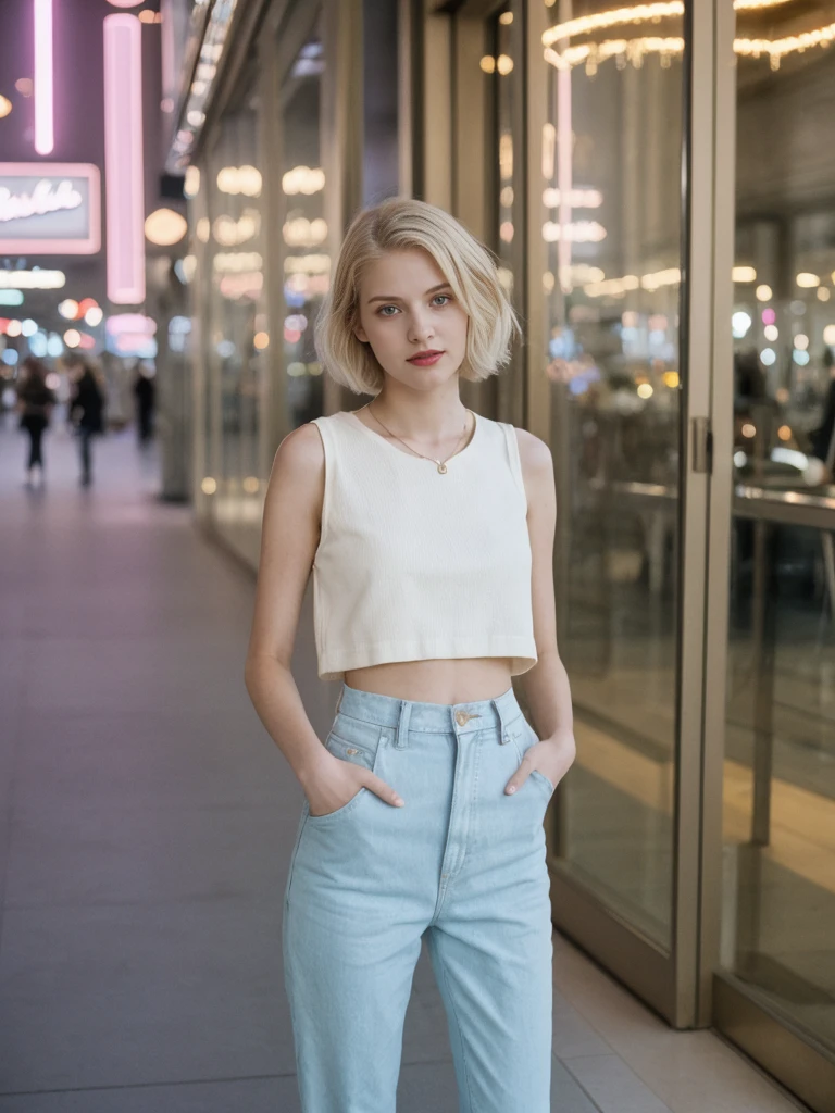 her name is Amelie, high quality, 1girl, ((20-year-old fit Caucasian woman)), ((20 years old)), ((SLIM)), ((short blonde hair)), pose: standing, wearing stylish Generation-Z modern wear pastel colored, BACKGROUND: On the Strip, with its dazzling lights, bustling casinos, and extravagant hotels.