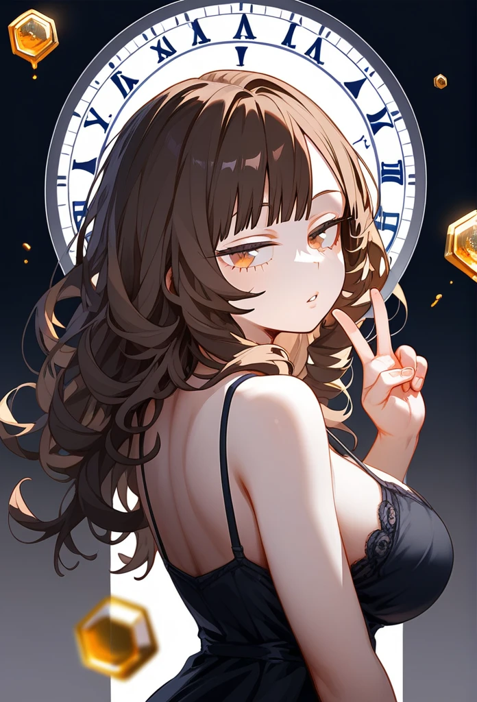 masterpiece, Score_9, Score_8_up, Score_7_up, rear view, 1 woman, alone, brown hair, long curly hair, split bangs, honey eyes, half-closed eyes, parted lips, expressionless, pale skin, large breasts, upper body, Black nightdress with V-neckline, black background, best quality, long and split bangs, boku no Hero academia ,Whole body, Clocks behind her.