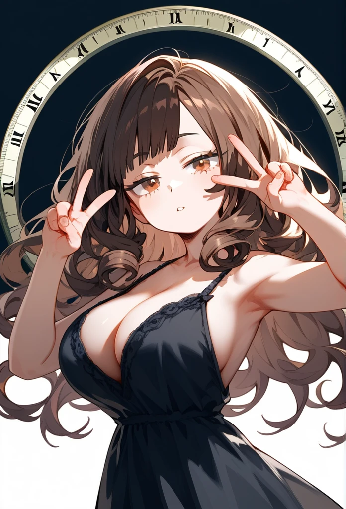 masterpiece, Score_9, Score_8_up, Score_7_up, rear view, 1 woman, alone, brown hair, long curly hair, split bangs, honey eyes, half-closed eyes, parted lips, expressionless, pale skin, large breasts, upper body, Black nightdress with V-neckline, black background, best quality, long and split bangs, boku no Hero academia ,Whole body, Clocks behind her.