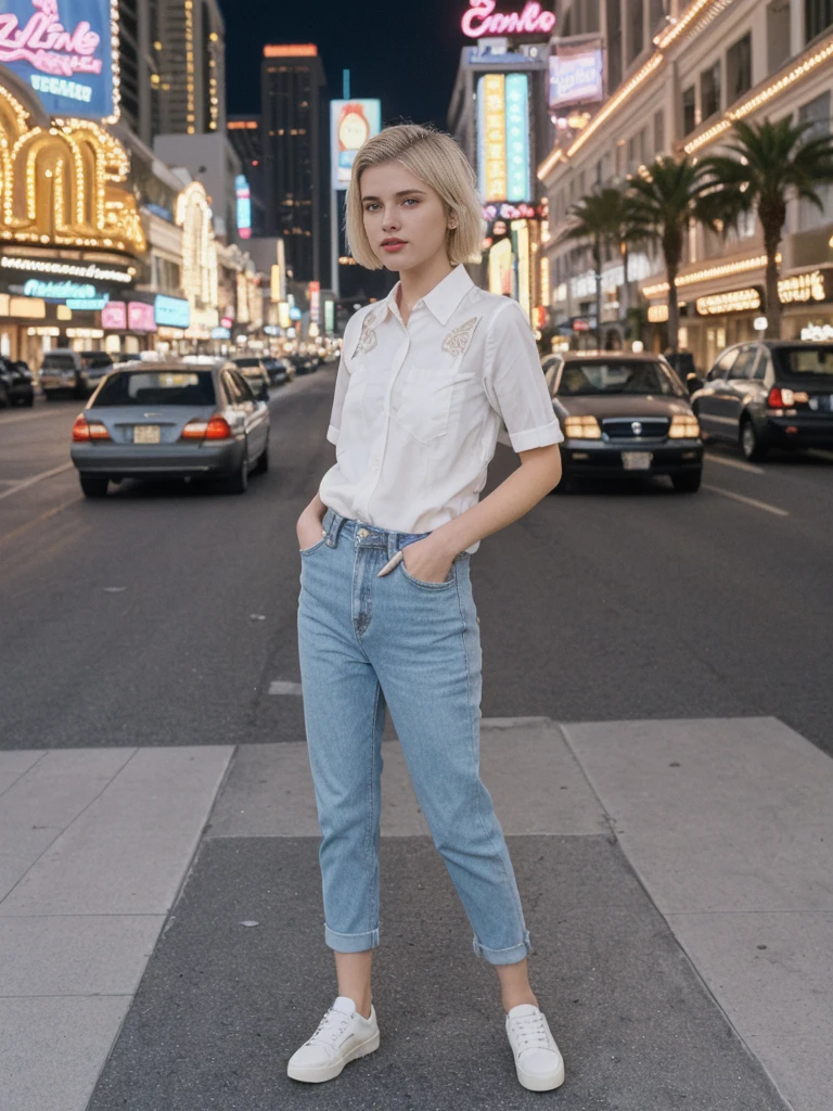 her name is Amelie, high quality, 1girl, ((20-year-old fit Caucasian woman)), ((20 years old)), ((SLIM)), ((short blonde hair)), pose: standing, wearing stylish Generation-Z modern wear pastel colored, BACKGROUND: On the Strip, with its dazzling lights, bustling casinos, and extravagant hotels.