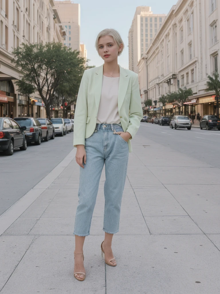 her name is Amelie, high quality, 1girl, ((20-year-old fit Caucasian woman)), ((20 years old)), ((SLIM)), ((short blonde hair)), pose: standing, wearing stylish Generation-Z modern wear pastel colored, BACKGROUND: On the Strip, with its dazzling lights, bustling casinos, and extravagant hotels.