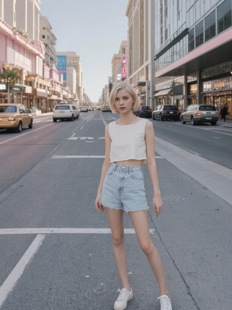 her name is Amelie, high quality, 1girl, ((20-year-old fit Caucasian woman)), ((20 years old)), ((SLIM)), ((short blonde hair)), pose: standing, wearing stylish Generation-Z modern wear pastel colored, BACKGROUND: On the Strip, with its dazzling lights, bustling casinos, and extravagant hotels.
