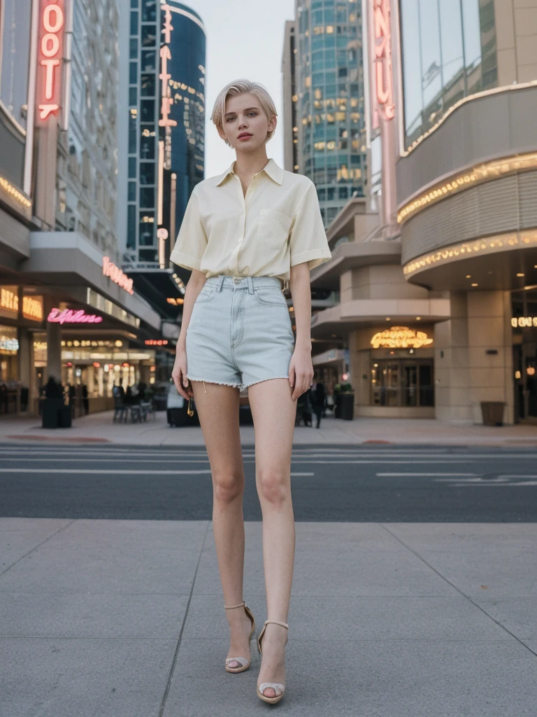 her name is Amelie, high quality, 1girl, ((20-year-old fit Caucasian woman)), ((20 years old)), ((SLIM)), ((short blonde hair)), pose: standing, wearing stylish Generation-Z modern wear pastel colored, BACKGROUND: On the Strip, with its dazzling lights, bustling casinos, and extravagant hotels.