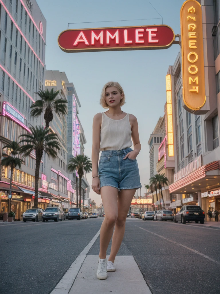 her name is Amelie, high quality, 1girl, ((20-year-old fit Caucasian woman)), ((20 years old)), ((SLIM)), ((short blonde hair)), pose: standing, wearing stylish Generation-Z modern wear pastel colored, BACKGROUND: On the Strip, with its dazzling lights, bustling casinos, and extravagant hotels.