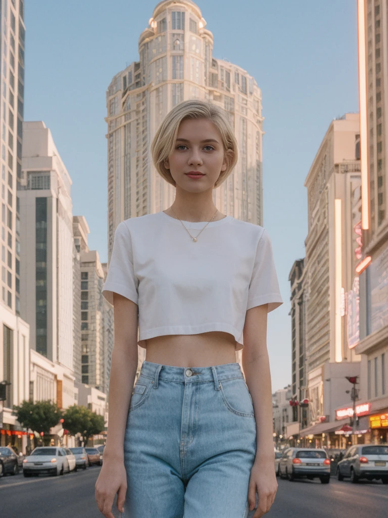 her name is Amelie, high quality, 1girl, ((20-year-old fit Caucasian woman)), ((20 years old)), ((SLIM)), ((short blonde hair)), pose: standing, wearing stylish Generation-Z modern wear pastel colored, BACKGROUND: On the Strip, with its dazzling lights, bustling casinos, and extravagant hotels.