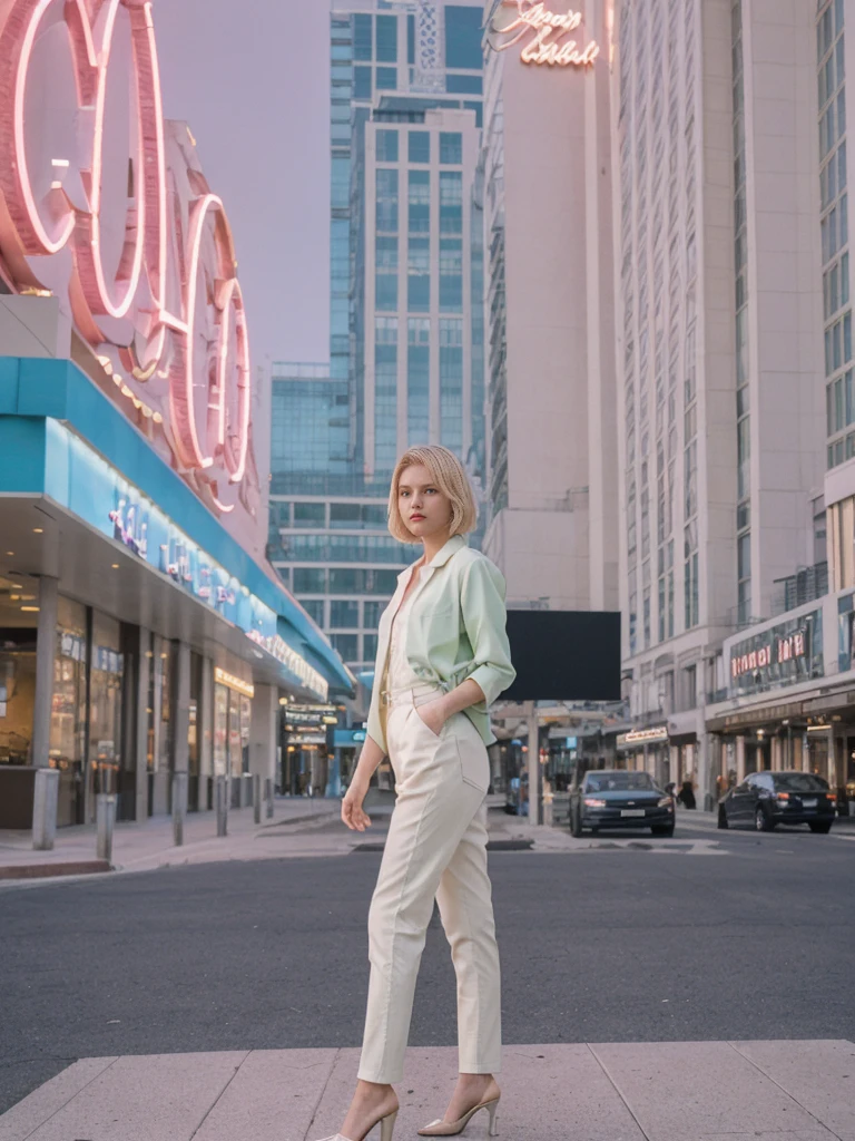 her name is Amelie, high quality, 1girl, ((20-year-old fit Caucasian woman)), ((20 years old)), ((SLIM)), ((short blonde hair)), pose: standing, wearing stylish Generation-Z modern wear pastel colored, BACKGROUND: On the Strip, with its dazzling lights, bustling casinos, and extravagant hotels.