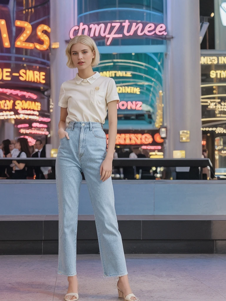 her name is Amelie, high quality, 1girl, ((20-year-old fit Caucasian woman)), ((20 years old)), ((SLIM)), ((short blonde hair)), pose: standing, wearing stylish Generation-Z modern wear pastel colored, BACKGROUND: On the Strip, with its dazzling lights, bustling casinos, and extravagant hotels.