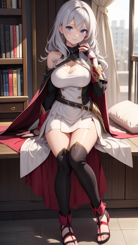 (masterpiece, best quality, ultra-detailed, best shadow), solo girl, silver hair, blue eyes, long hair, medium breasts, sexy body and face, wavy hair, smile, parted lips, red lips, circlet, skirt, bridal gauntlets, jewelry, cape, bare shoulders, sandals, sleeveless dress, red cape, long sleeves, wide sleeves, side slit, white dress, detached sleeves, turtleneck, ribbon, pink dress, fingerless gloves, cafe, sexy pose, cowboy shots,  sharp focus, vibrant, creative, dynamic, high definition, high resolution, 8k, (Upscale: R-ESRGAN 4x+ Anime6mage enchance:4x), voluptuous body, cinema lightning, dakimakura style, looking at the viewer, 