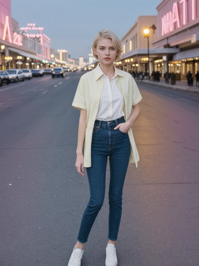 her name is Amelie, high quality, 1girl, ((20-year-old fit Caucasian woman)), ((20 years old)), ((SLIM)), ((short blonde hair)), pose: standing, wearing stylish Generation-Z modern wear pastel colored, BACKGROUND: On the Strip, with its dazzling lights, bustling casinos, and extravagant hotels.