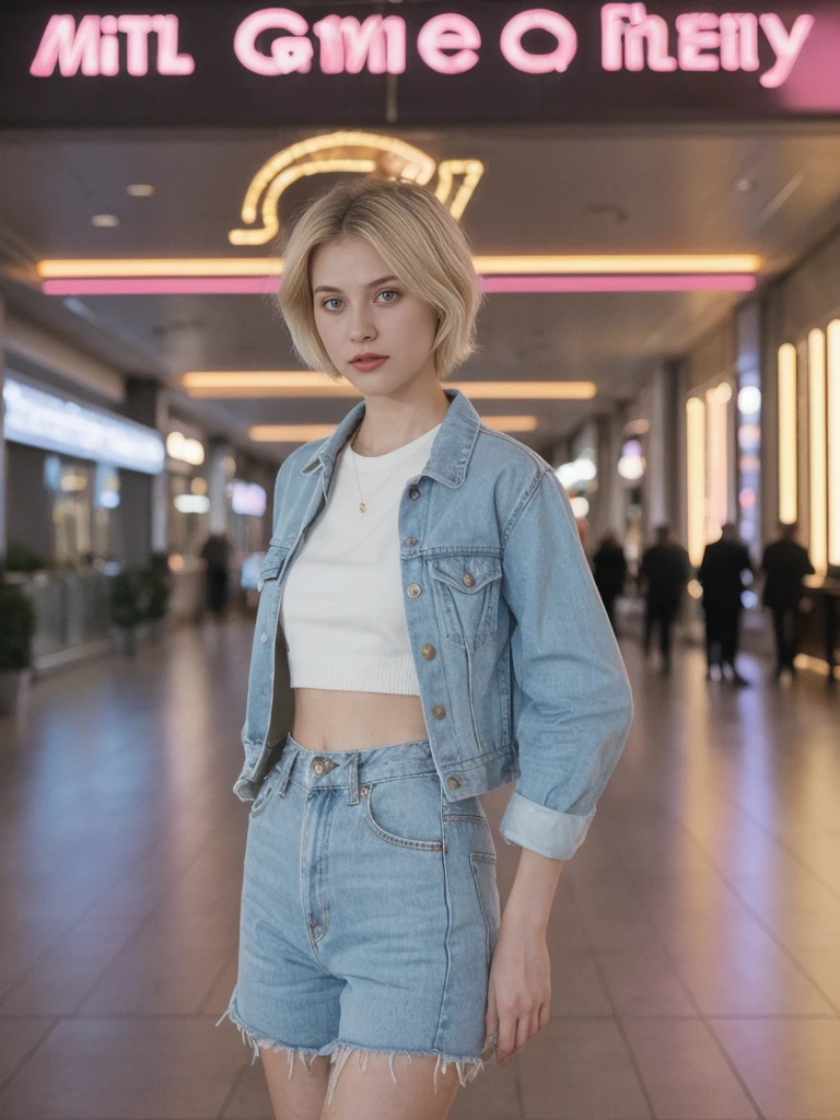 her name is Amelie, high quality, 1girl, ((20-year-old fit Caucasian woman)), ((20 years old)), ((SLIM)), ((short blonde hair)), pose: standing, wearing stylish Generation-Z modern wear pastel colored, BACKGROUND: On the Strip, with its dazzling lights, bustling casinos, and extravagant hotels.