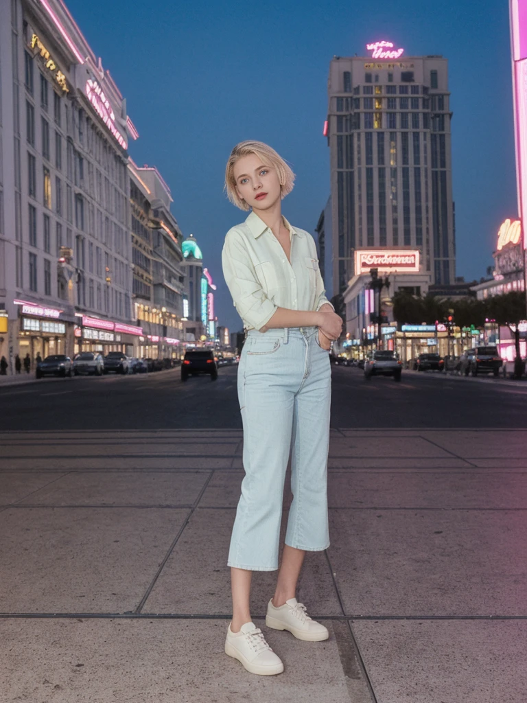 her name is Amelie, high quality, 1girl, ((20-year-old fit Caucasian woman)), ((20 years old)), ((SLIM)), ((short blonde hair)), pose: standing, wearing stylish Generation-Z modern wear pastel colored, BACKGROUND: On the Strip, with its dazzling lights, bustling casinos, and extravagant hotels.