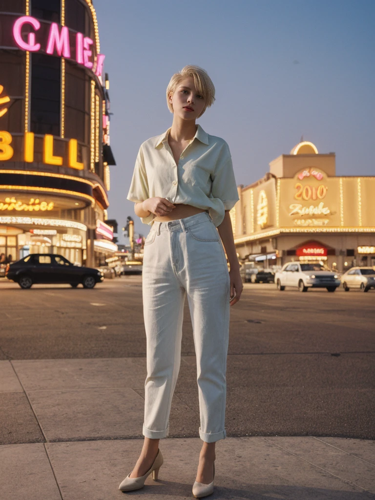 her name is Amelie, high quality, 1girl, ((20-year-old fit Caucasian woman)), ((20 years old)), ((SLIM)), ((short blonde hair)), pose: standing, wearing stylish Generation-Z modern wear pastel colored, BACKGROUND: On the Strip, with its dazzling lights, bustling casinos, and extravagant hotels.