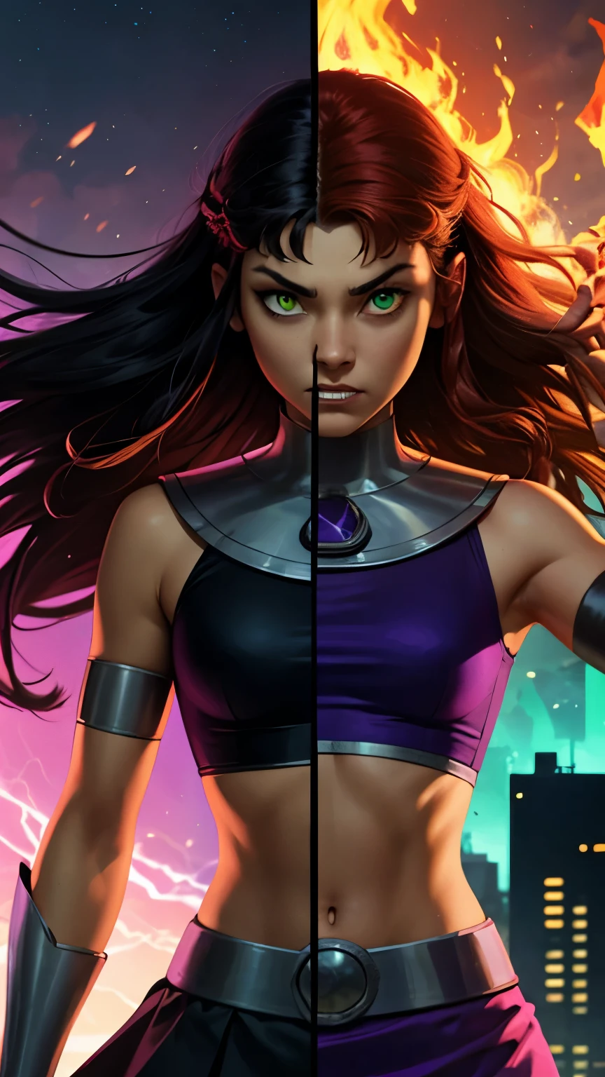 (masterpiece, best quality:1.2), Realistic, SplitScreen, split screen, starfire, orange skin, red hair, gorget, crop top, armlet, vambraces, midriff, skirt, purple skirt, Purple midriff, Green eyes:1.3, Glowing Green eyes, Green Fire, SplitScreen, split screen, blackfire, orange skin, black hair, gorget, crop top, armlet, vambraces, midriff, skirt, black skirt, black midriff, Purple eyes:1.3 Glowing Purple eyes, Purple Fire, looking at viewer, angry, clenched teeth, 20-year-old, glowing eyes:1.3, 2 different eye color, destroyed city, outdoors, SplitScreen, split screen,