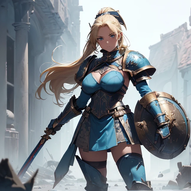 (Absurdres, master piece, best high quality image, very detailed features, very detailed textures, carefuly detailed with no deformed parts in all the artwork, not censored violence and bleeding, only solo character, full body deding, standing alone, Warhammer 40K aesthetic)
{{(1character: 40 years old beautiful blonde woman, (fair skin, blue eyes, blonde golden long hair tied in a high ponytail with a long crimson ribbon, voluptuous figure, holding with both hands a sword, bulky feminine armor, (full blue bulky armor plate, full chest plate, big houlder plates, belly plate, armored gauntlets, armored sleeves, steel hip plates around the skirt, long metal boots, medieval knight helmet, (under the armor she wears: grey leotard covered by a light blue combat padded bra and a light blue short skirt, light blue long leather spandex boots, light blue long sleeves and padded gloves, dark blue steel shoulderpads), silver and red colored long sword with a red magical blade.
(City ruins during a battle between knights against samurais))}}