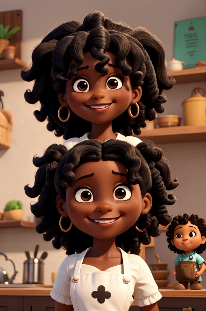 Uma boneca negra de cabelo cacheado e Grinning, and a black doll with curly hair, Grinning, with white apron