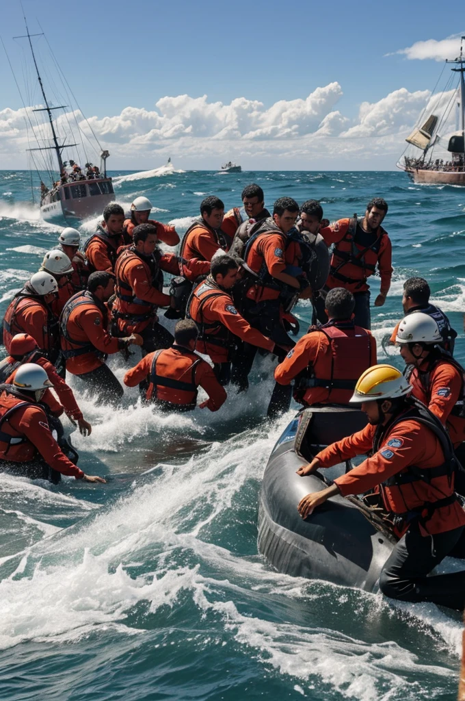 Miguel Grau helping rescue Chilean shipwrecked men after the battle.Shows his noble and humanitarian character, with sailors being rescued from the water.