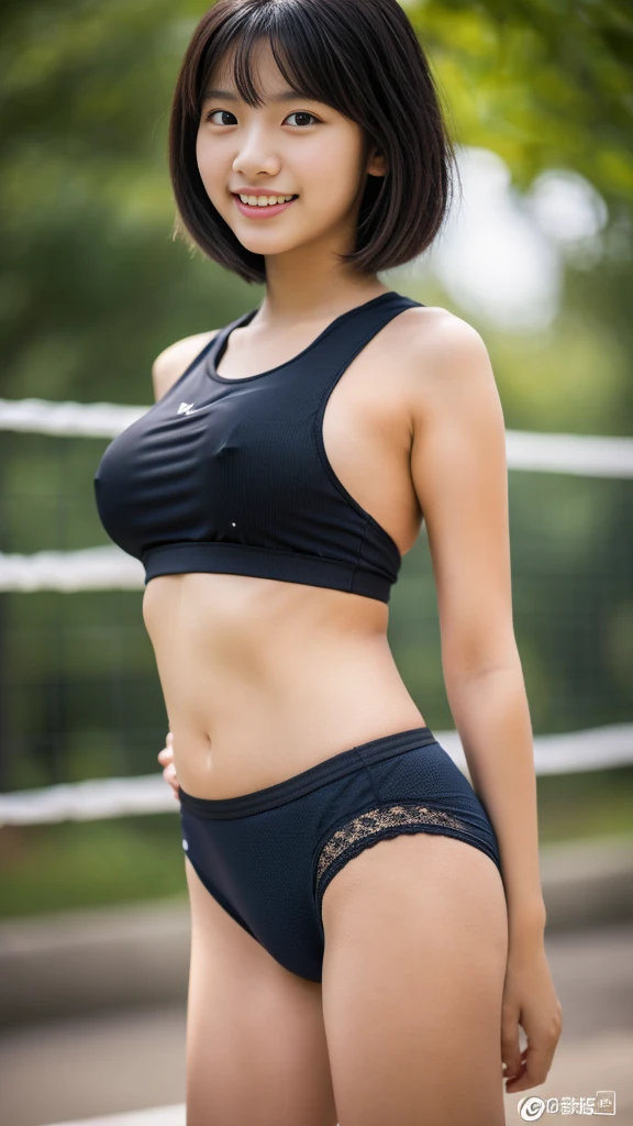 Girl named Kasumi, Full body, Standing, Short hair, Black hair, , Curvy, First person perspective, Soft flare, f/1.4, 85mm, Nikon, Soft smile, UHD, Retina, Masterpiece, Accurate, Anatomically correct, Textured skin, Ultra detailed, High detail, High quality, Best quality, High resolution, 1080P, HD, 4K, 8k, Volleyball uniform, (Goosebumps, Glossy black skin: 1.2), Big raised buttocks, (Small breasts, , Small top: 1.4), Sexy cute cotton panties, (Hot day, Thin fabric clothes: 1.3),