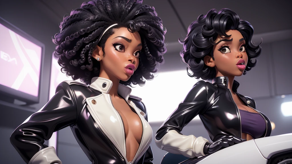 obra prima, melhor qualidade, ((two women only,)) ((sage steele, dark black skin, afro bob hair, puffy duck lips, shiny pearl lipstick,)) head back, ((sexy sultry wicked look, open mouth, pucker mouth,)) ((wearing shiny periwinkle pvc biker blazer,)) ((jacket is unzipped and wide open, small breasts, nip slip,)) jacket has padded puff shoulders, shiny leather gloves, ((shiny cream white micro mini pvc skirt,)) body is skinny, shiny tight buttocks, ((in luxury convertible, sexy tongue kissing, stick shift between legs,)) (camera view of whole body,) looking up at me, shallow depth of field, highres, HD, 8k, anatomically correct